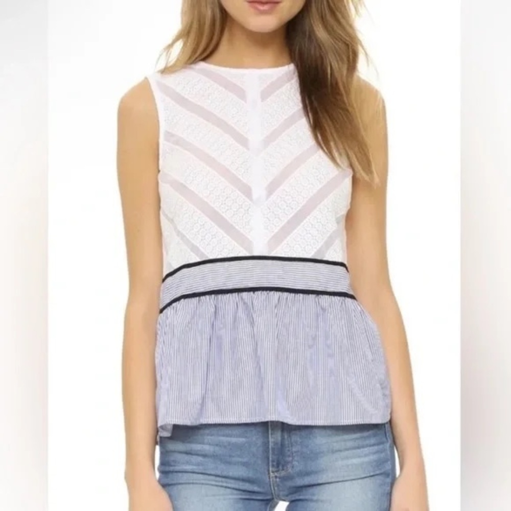 English Factory  White & Blue Keyhole Back Lace Ticking PeplumTop 3506